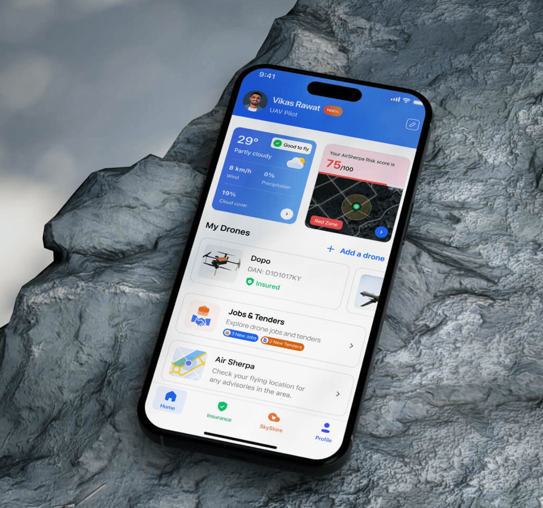 TropoGo app on a rock surface