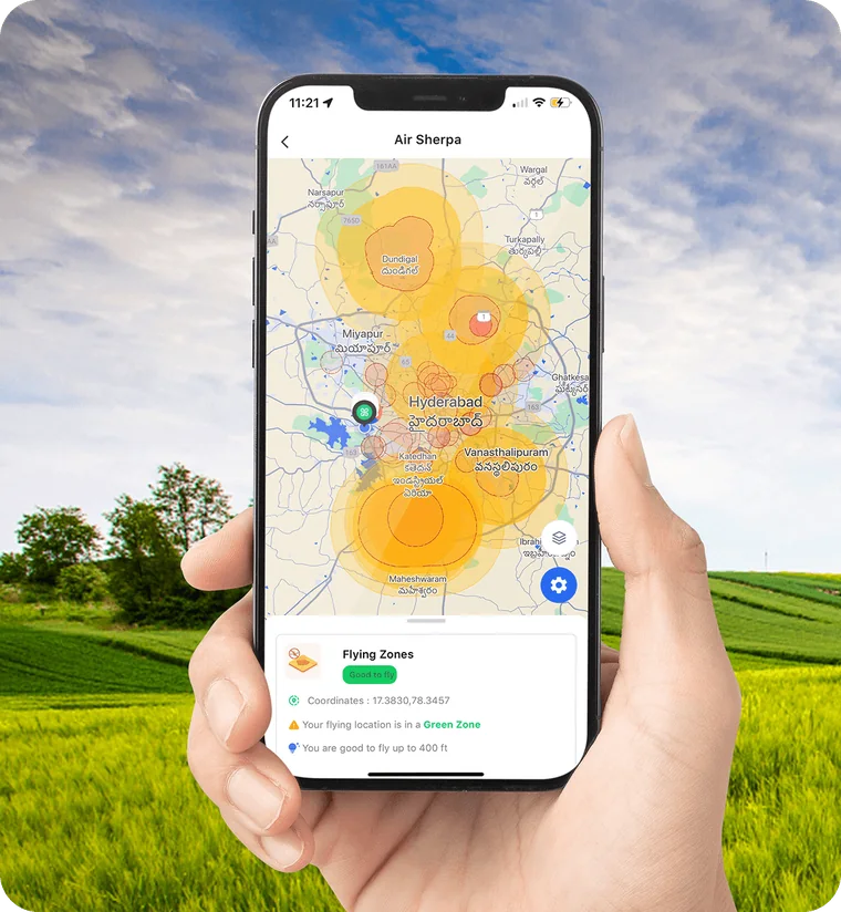 AirSherpa flying zones on a phone in a field