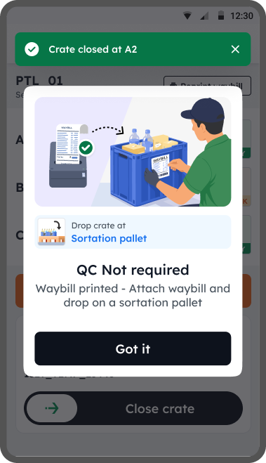 Crate closed at A2, QC not required modal