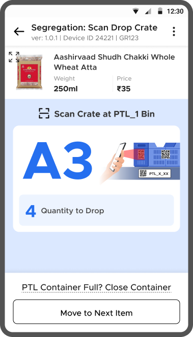 Scan drop crate: bin A3, quantity 4