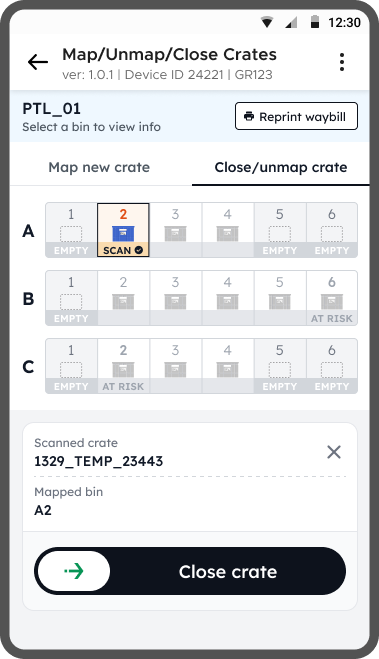 Scanned crate mapped to bin A2 with Close crate slider