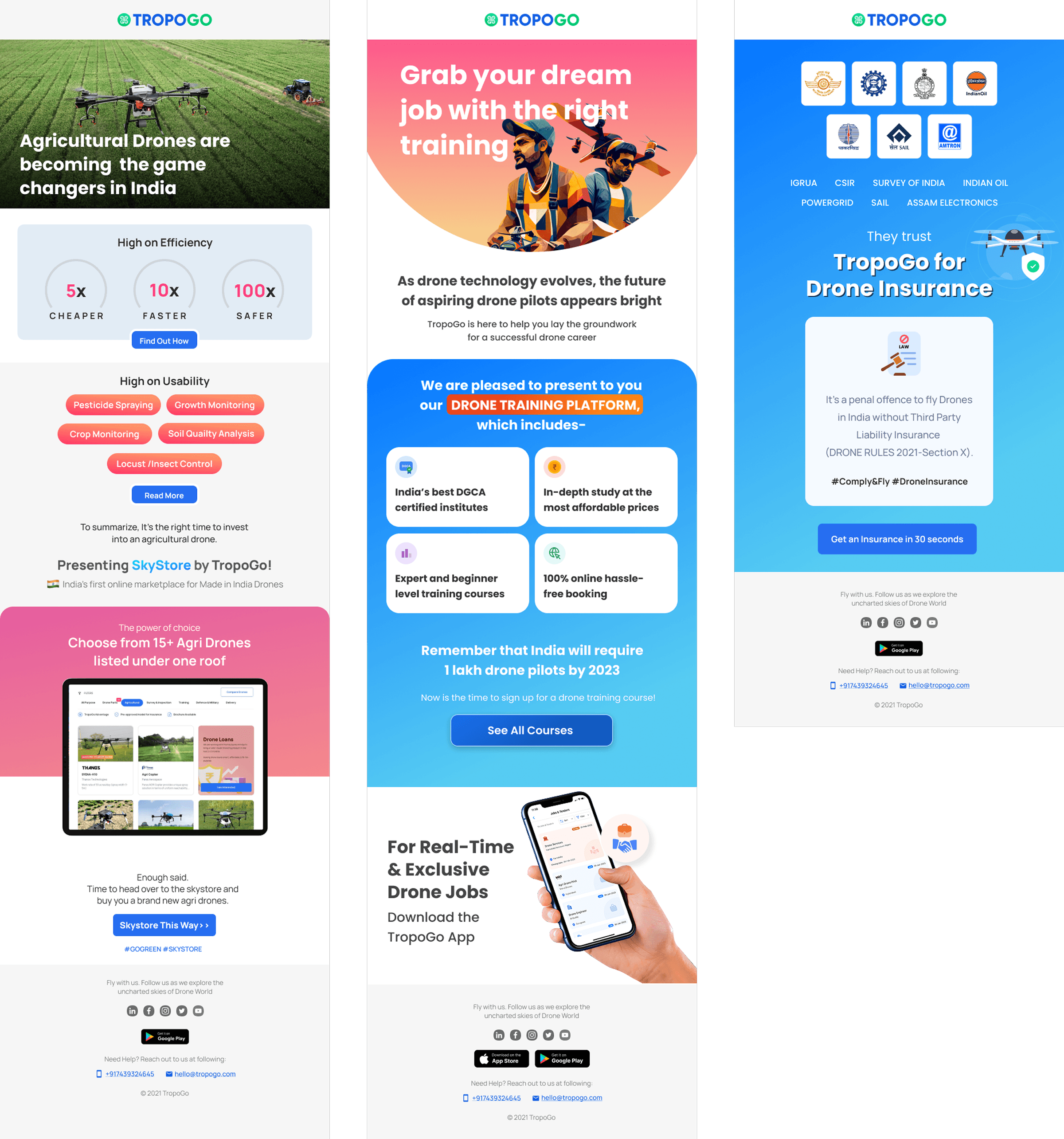 Three image-based TropoGo emailers: agricultural drones, drone training, and drone insurance