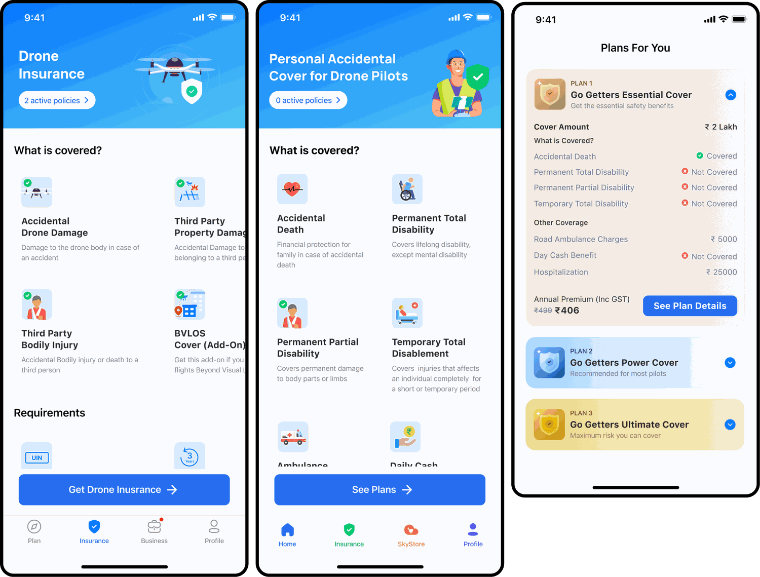 Drone insurance app screens
